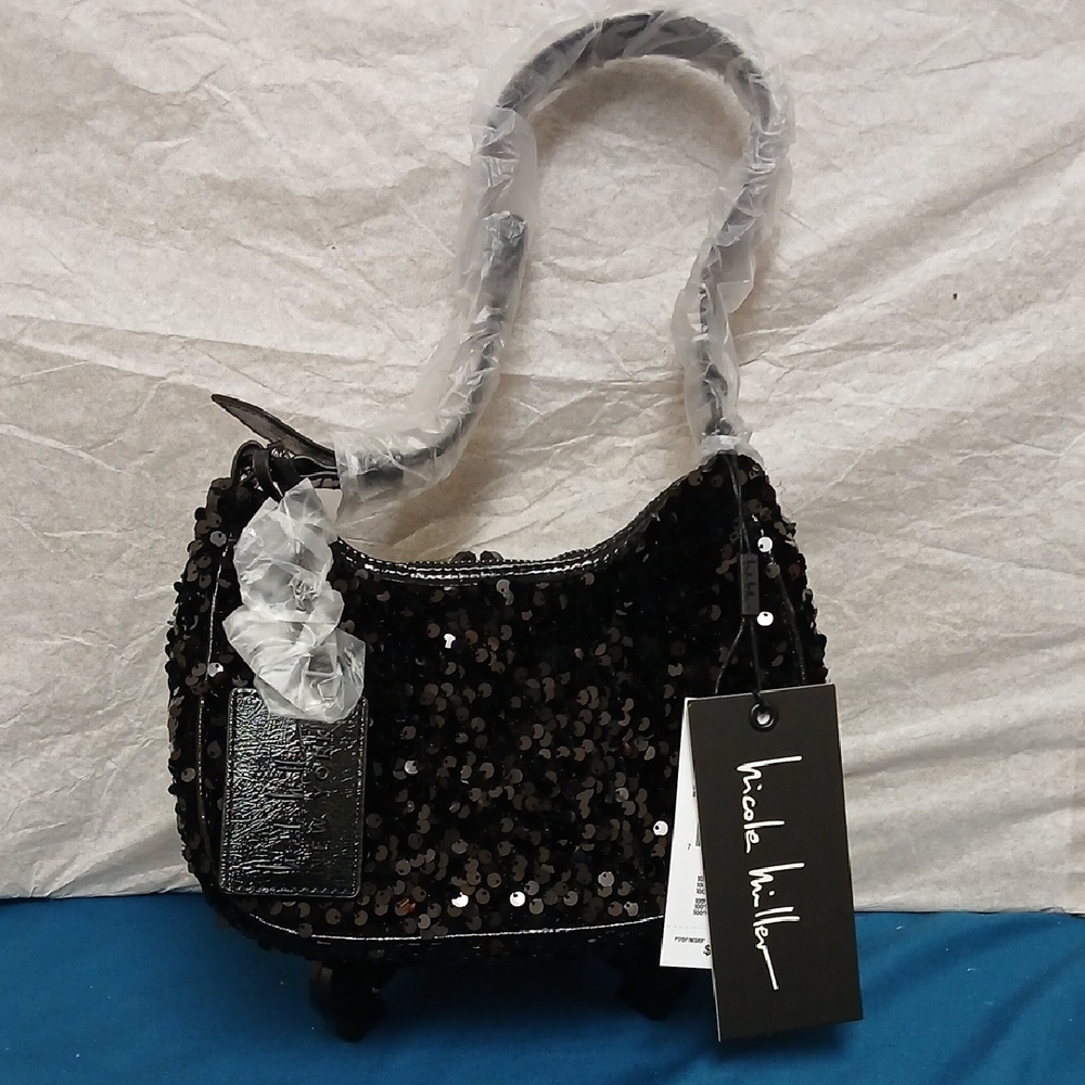 Nicole Miller Black Sequin Women's Evening/Party Bag 8.5" X 6"X 2.5" NWT